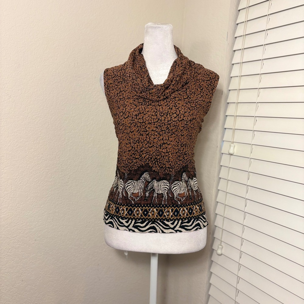 Pleat Pleat‎ By Rafael Cowl Neck Blouse Zebra Cheetah Print Safari Boho Sz M